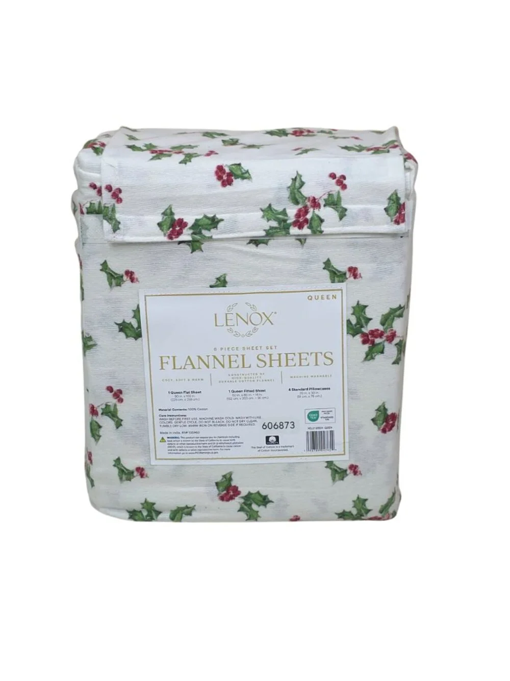Lenox 6-Piece Queen Flannel Sheet Set With Holly Print 100% Cotton Cozy